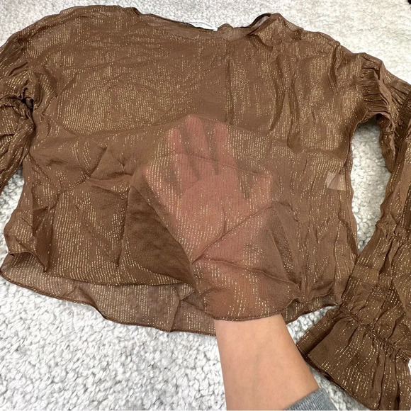 Amanda Uprichard Silk Blouse. Harvest Brown Metallic Gold. Semi Sheer. - Picture 6 of 11